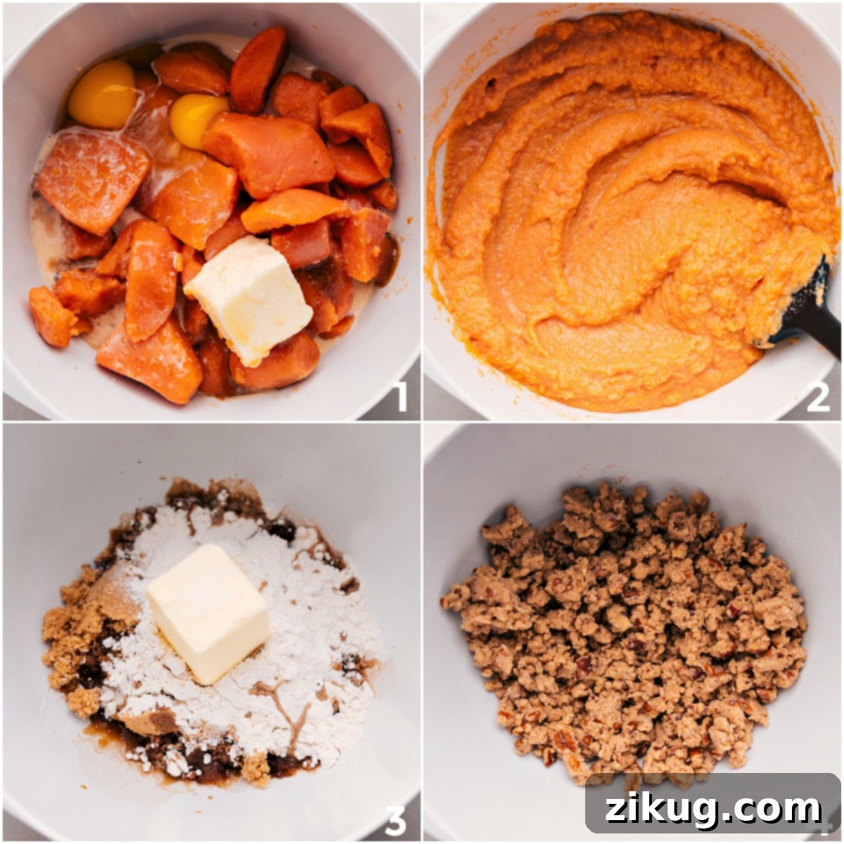 Preparing the Slow Cooker Sweet Potato Casserole Layers All the filling ingredients are mixed together, and the topping is combined separately.