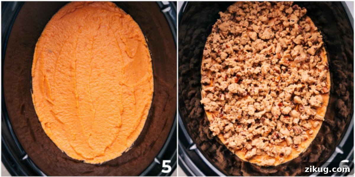 Slow Cooking Your Sweet Potato Casserole to Perfection The assembled sweet potato casserole with pecan topping, carefully placed inside the slow cooker, ready to be covered and cooked to perfection.
