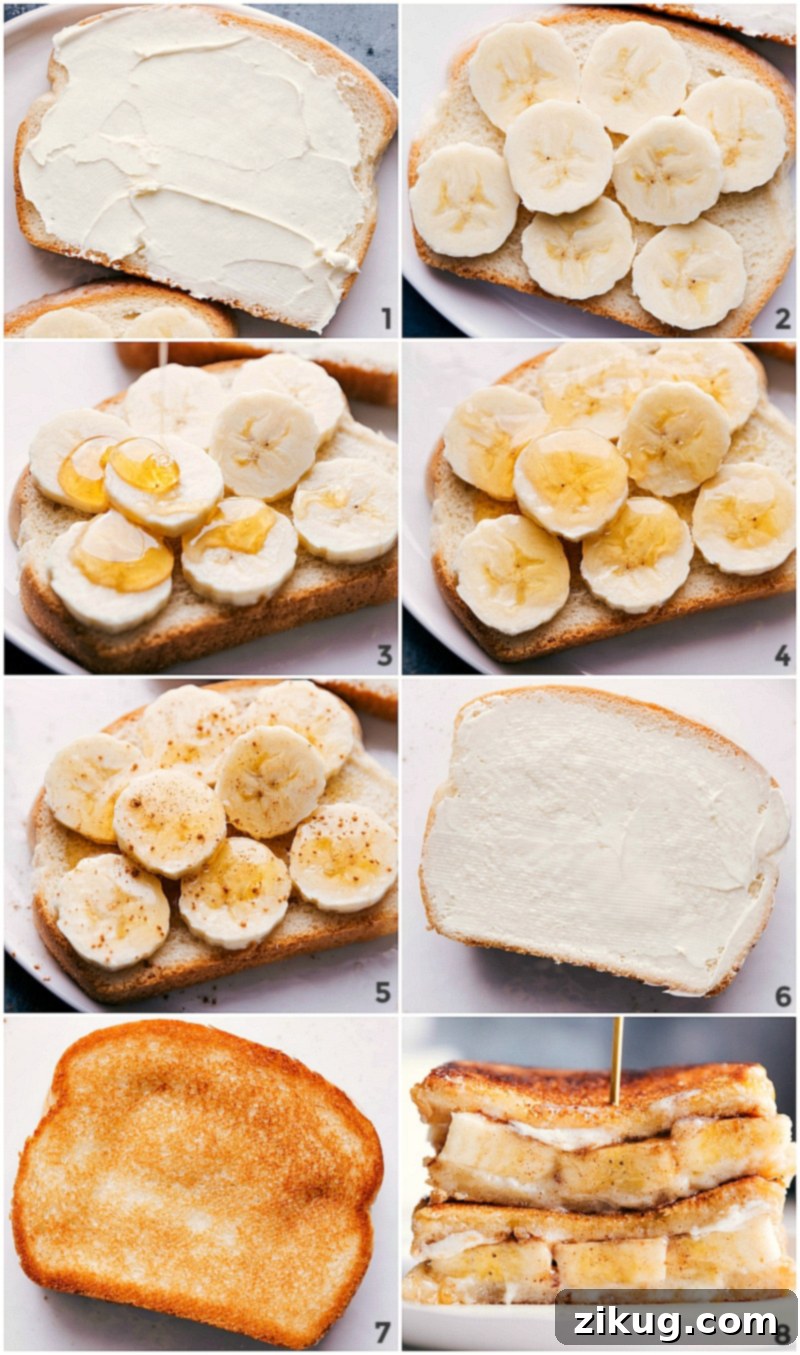 Watch the magic happen! From creamy mascarpone to sweet banana and honey, layered on brioche and grilled to perfection. This step-by-step visual guides you to create the best Honey Banana Grilled Cheese sandwich, a true dessert-worthy delight. Process shots: Spreading mascarpone, layering banana slices, drizzling honey, sprinkling cinnamon, and grilling the sandwich until golden