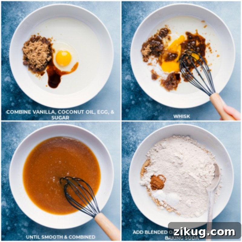 Combining Wet and Dry Ingredients for Healthy Chocolate Chip Cookies Process images showing wet and dry ingredients being prepared and combined for healthy chocolate chip cookies.