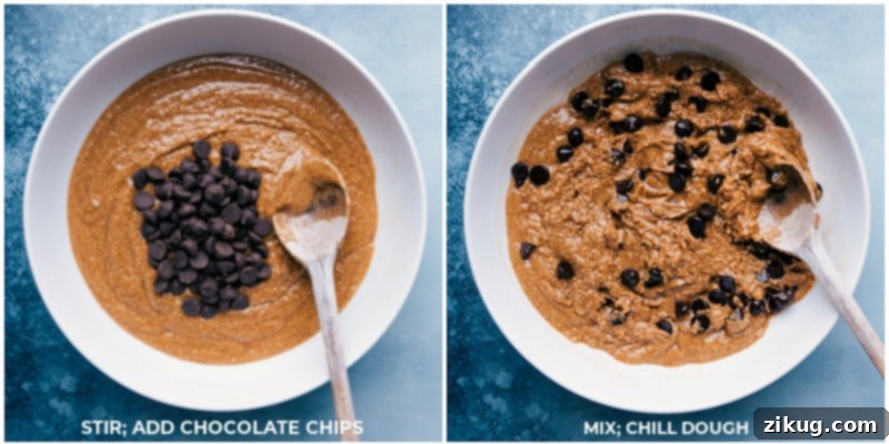 Adding Chocolate Chips to Healthy Cookie Dough Process shots showing dark chocolate chips being added to the cookie dough, ready for mixing.