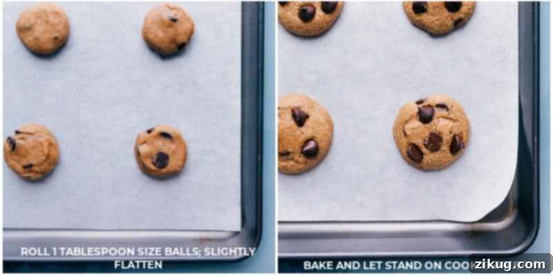 Freshly Baked Healthy Chocolate Chip Cookies on a Tray Process shots showing unbaked cookie dough balls on a baking sheet and a tray of freshly baked healthy chocolate chip cookies.