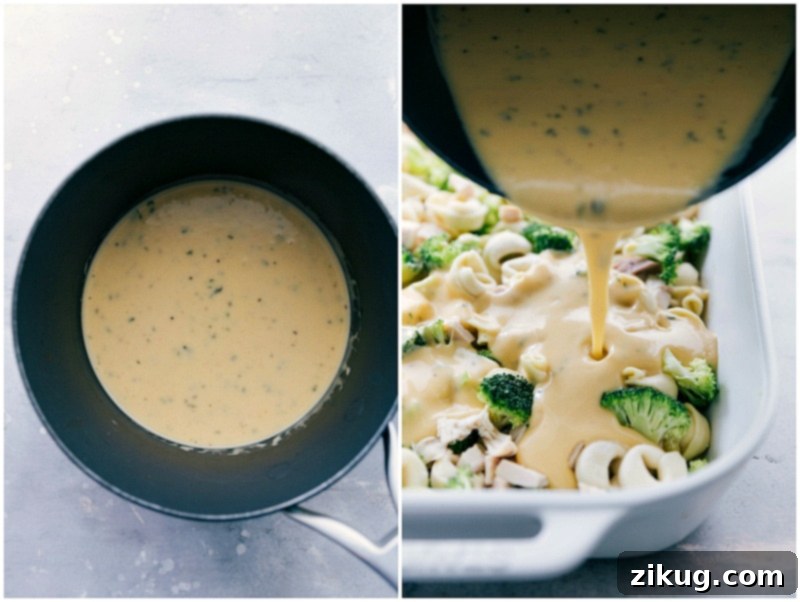 Adding the Finishing Touch: Pouring Cheesy Sauce over Tortellini Casserole Pouring the rich, cheesy sauce generously over the chicken tortellini casserole, preparing it for a delightful bake.