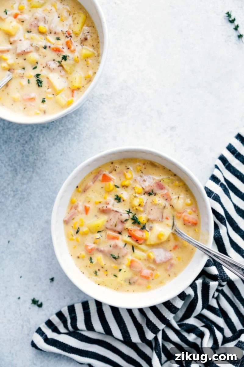 Two bowls of steaming ham and potato soup, rich and hearty, ready for consumption. Garnished with fresh herbs.