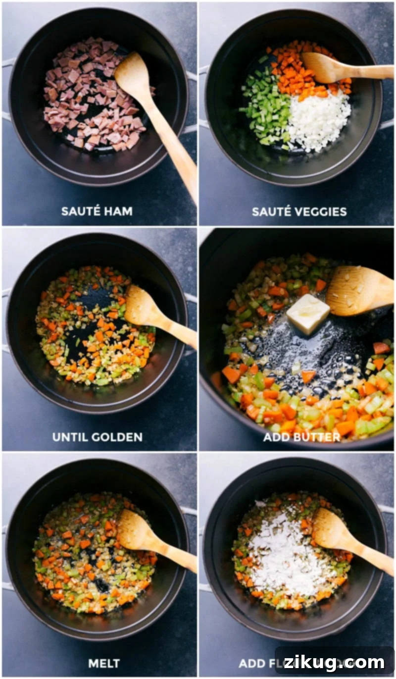 Ham and vegetables being sautéed in a pan; a separate sauce base forming with melted butter and flour.