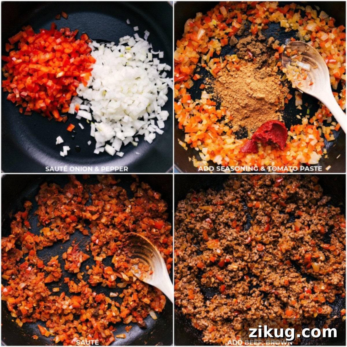 Delicious Taco Lasagna Veggies being sautéed, seasonings, tomato paste, and beef being added to the pot for this taco lasagna.