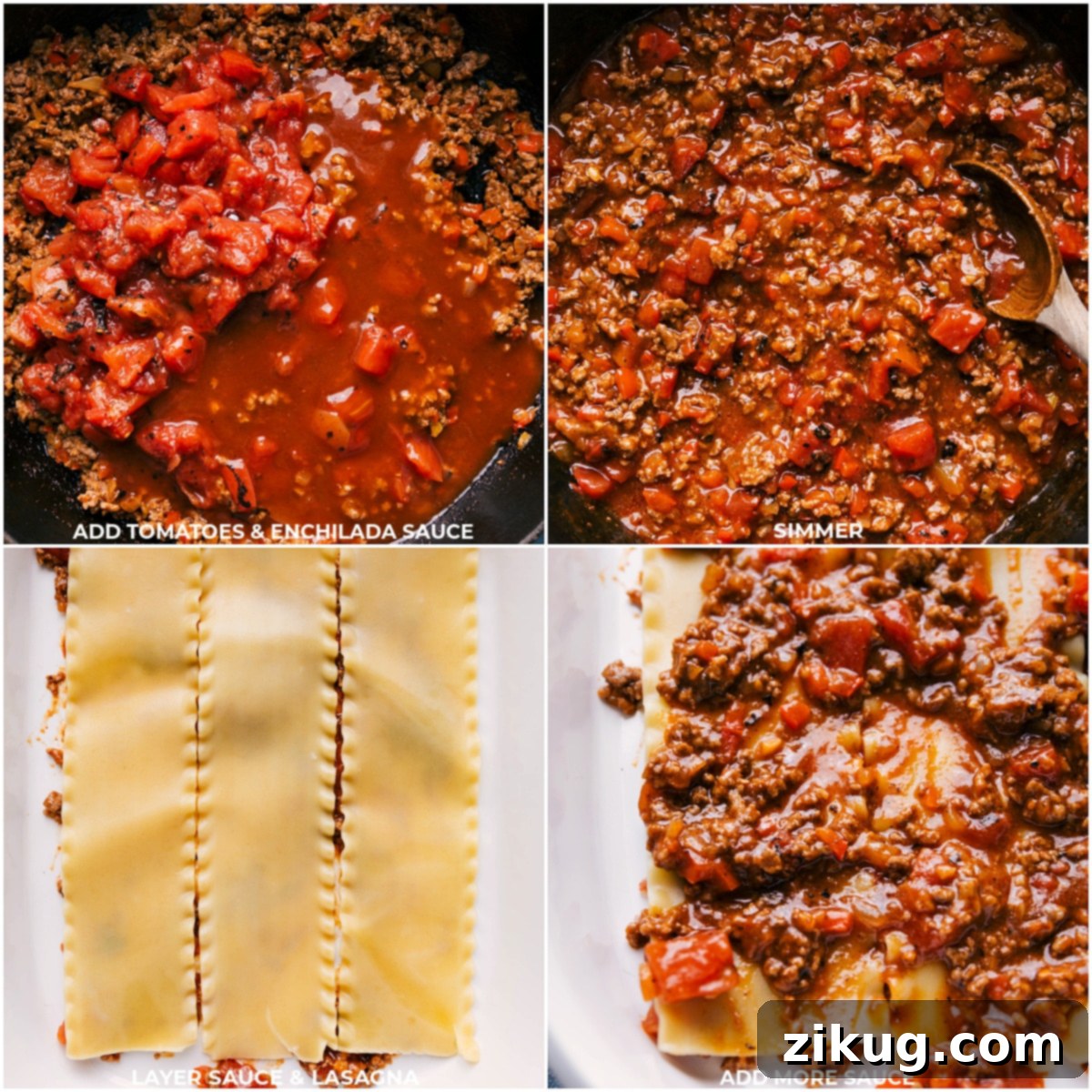 Making Taco Lasagna Recipe Tomatoes and enchilada sauce being added to the skillet and then the noodles being layered in the pan and sauce being added on top.