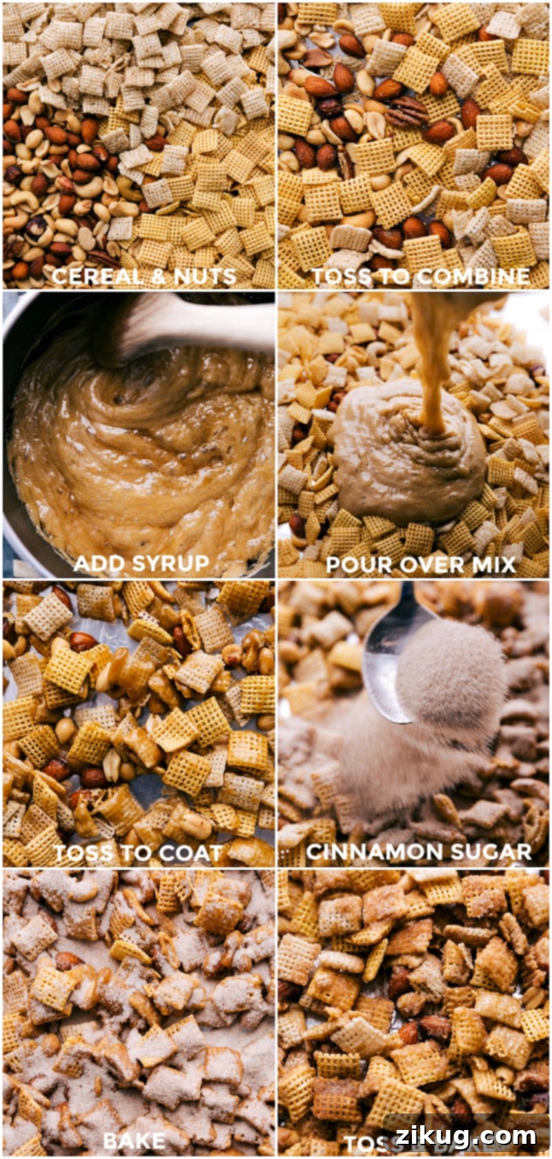 Process images showing ingredients being added to a bowl, caramel syrup being poured, mixture being tossed, and cinnamon sugar being sprinkled before baking.