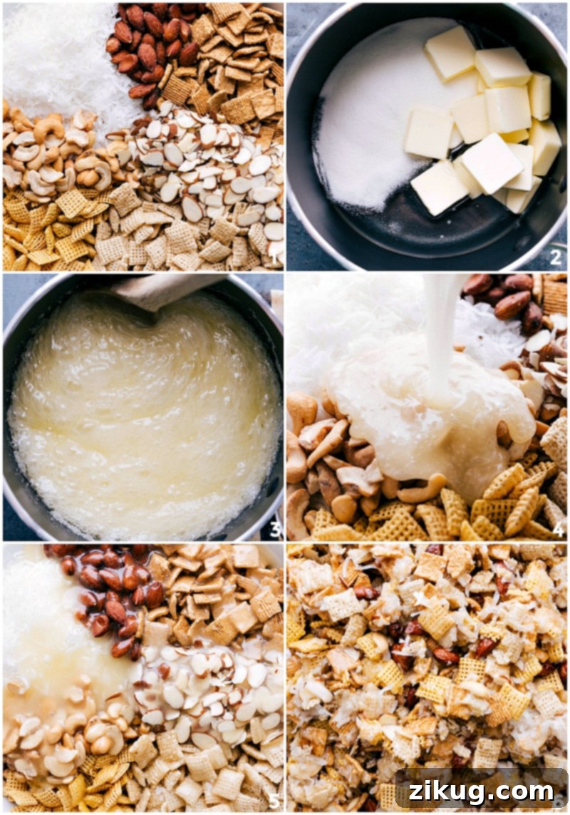 Preparing Sweet Chex Mix: Combining Ingredients, Making Sugar Sauce, Pouring and Mixing Ingredients in a bowl, making sugar sauce in pan, pouring it over the ingredients, and mixing everything together.