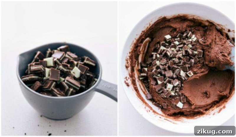Adding mint candies to the batter - hands adding chopped Andes mints to the chocolate cookie dough.