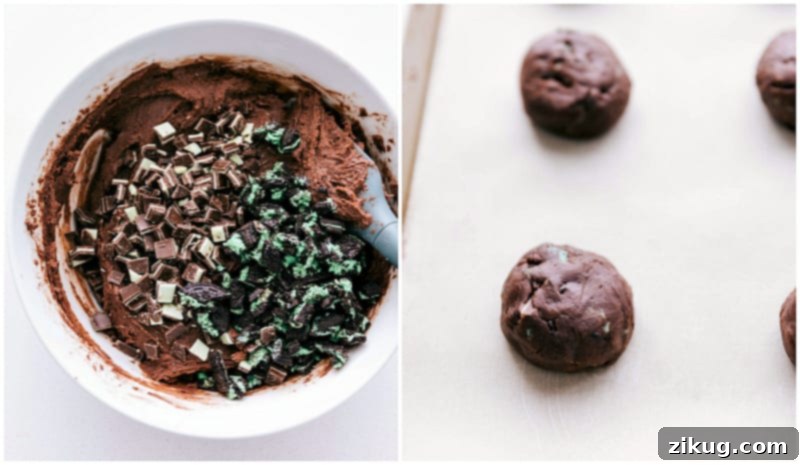 Process shots of making the cookies - crushed Oreos added and cookie dough balls being rolled.