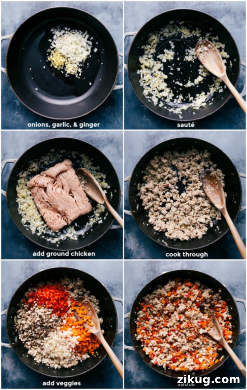 Creating the Filling for Chicken Lettuce Wraps Recipe Step-by-step photos showing aromatics sautéing, ground chicken browning, and diced vegetables mixing for chicken lettuce wraps.