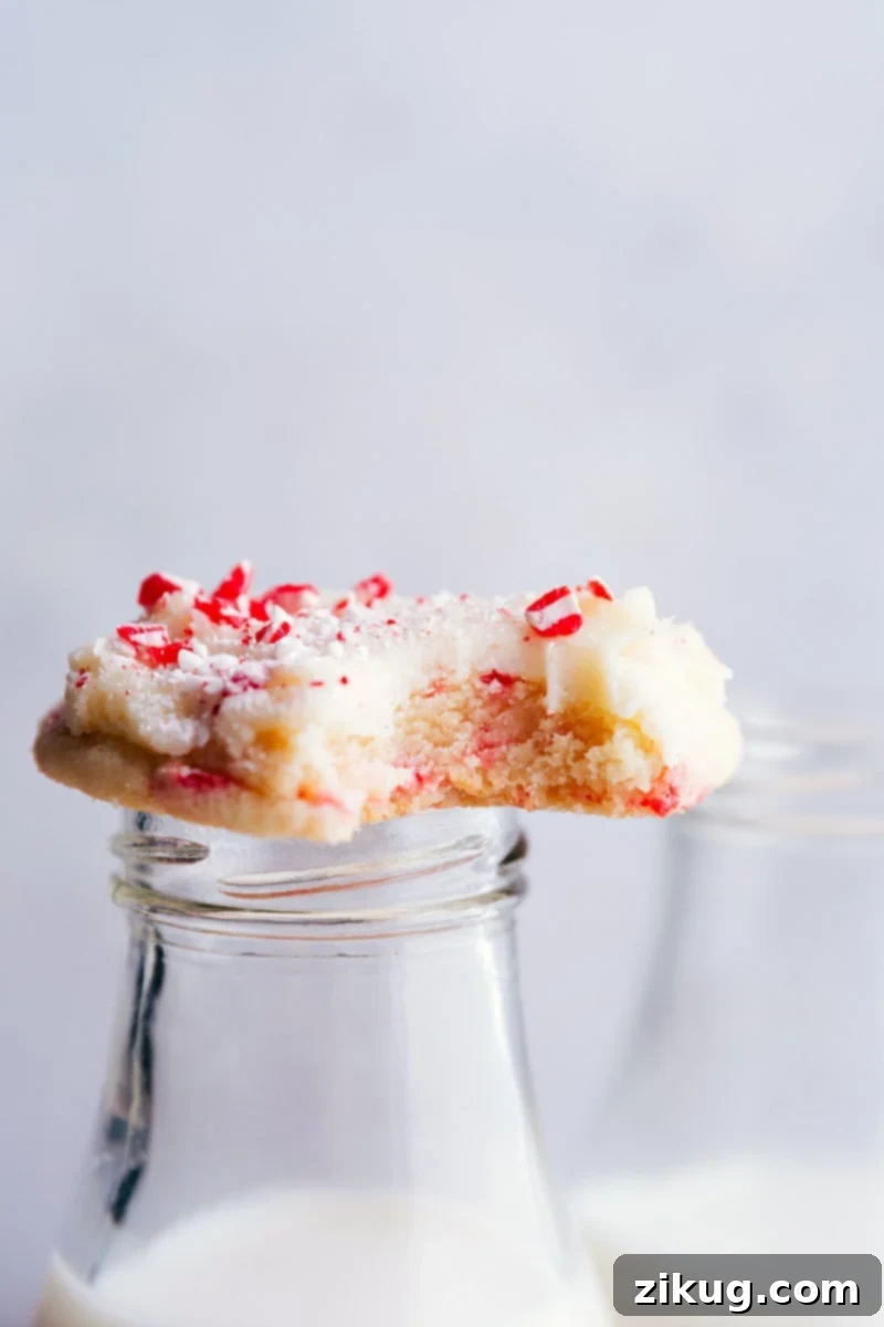 Festive Peppermint Sugar Cookies 2 Freshly baked Peppermint Sugar Cookies with white frosting and crushed candy canes, served with a glass of milk.