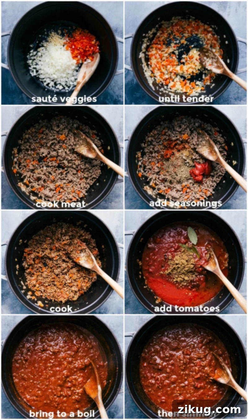 Making the goulash recipe: vegetables sautéing, meat cooking with veggies, seasonings and tomatoes added, mixture boiling and simmering, showing the progression of the dish.