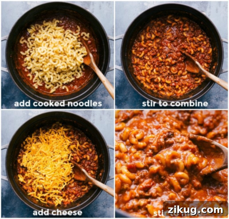 Mixing the cooked pasta with beef-tomato sauce, cheese being added, and the final combined dish in a large pot.