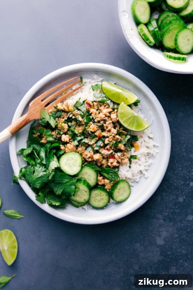 Top View of Delicious Chicken Larb with White Rice Plate of chicken larb alongside white rice, garnished with fresh herbs and lime wedges.