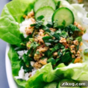 Zesty Thai Chicken Larb Salad 3 Wrapped chicken larb with fresh vegetables and herbs, beautifully presented for a meal.