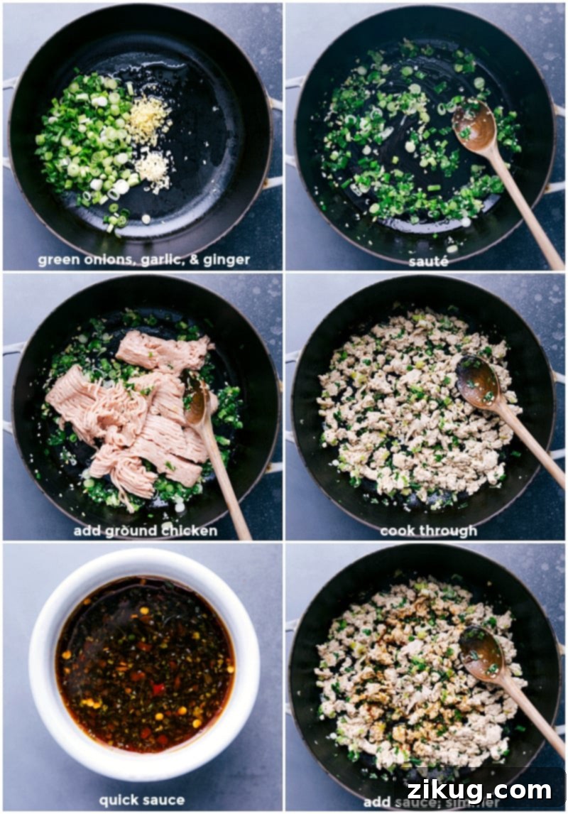 Key Steps in Making the Chicken Larb Recipe Browning the aromatics, cooking ground chicken, and adding sauce for the chicken larb recipe, showing key stages of preparation.