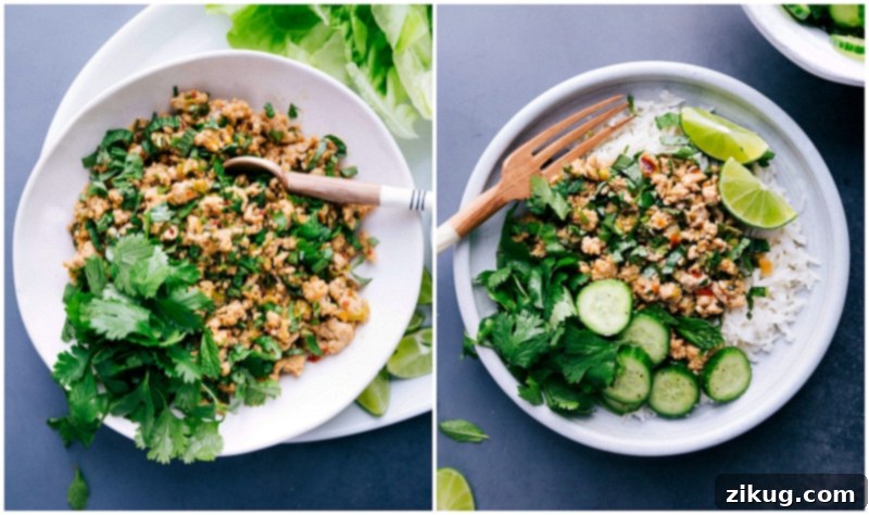 Chicken Larb Transformation: Before and After Toppings Before and after toppings are added to the chicken larb dish, showcasing the vibrant final presentation.