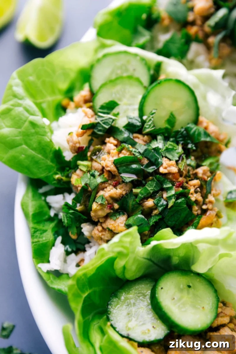Delicious Chicken Larb Wrap Ready to Enjoy Wrapped chicken larb with fresh vegetables and herbs, ready to be enjoyed.