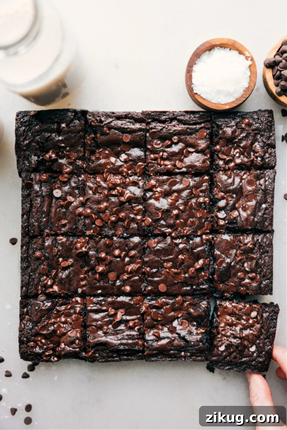 Brownie Recipe: Cut squares topped with mini chocolate chips.