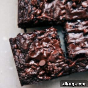 A delectable brownie recipe, cut into squares and topped with mini chocolate chips.