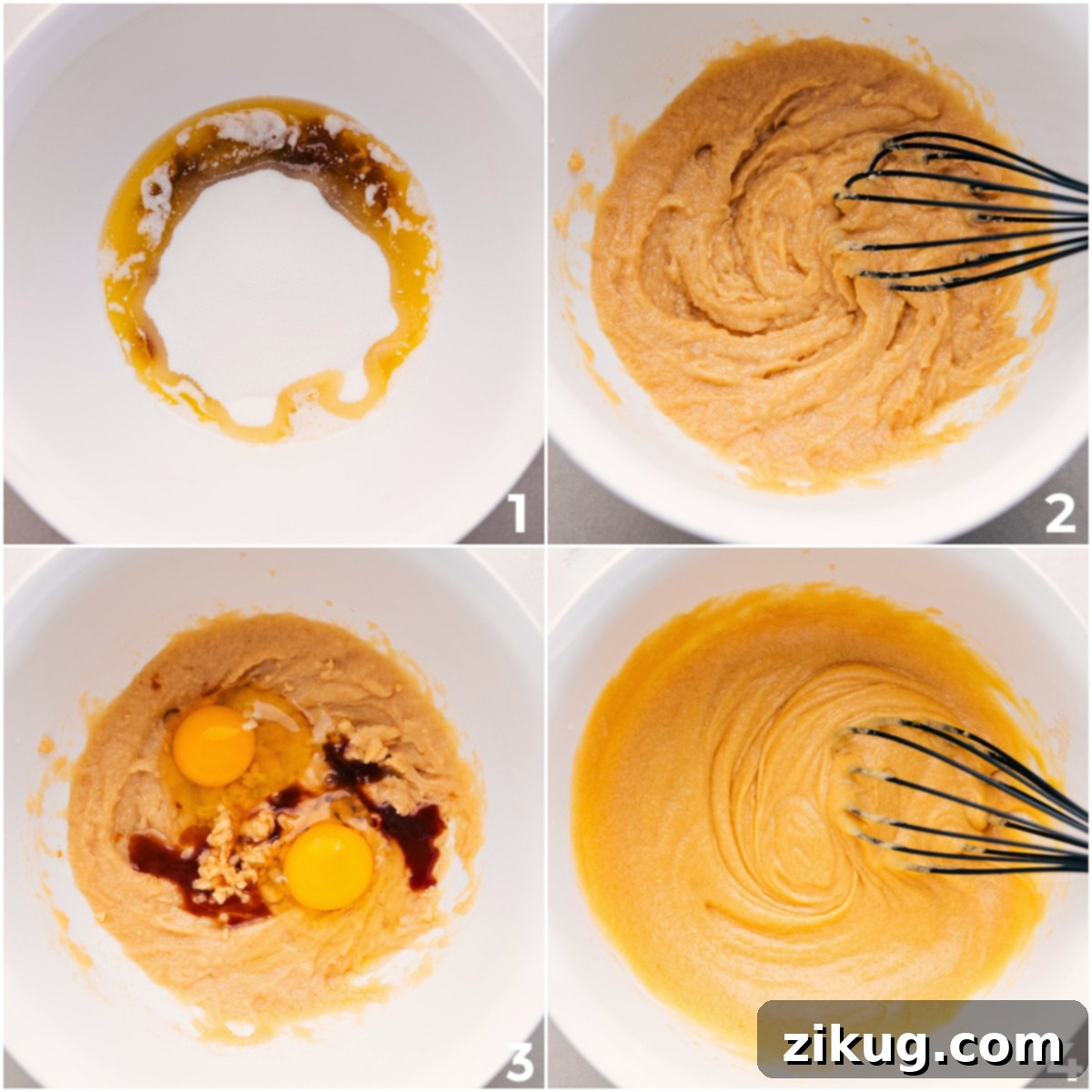 Carefully mixing melted butter, sugars, and eggs for this delicious brownie recipe.