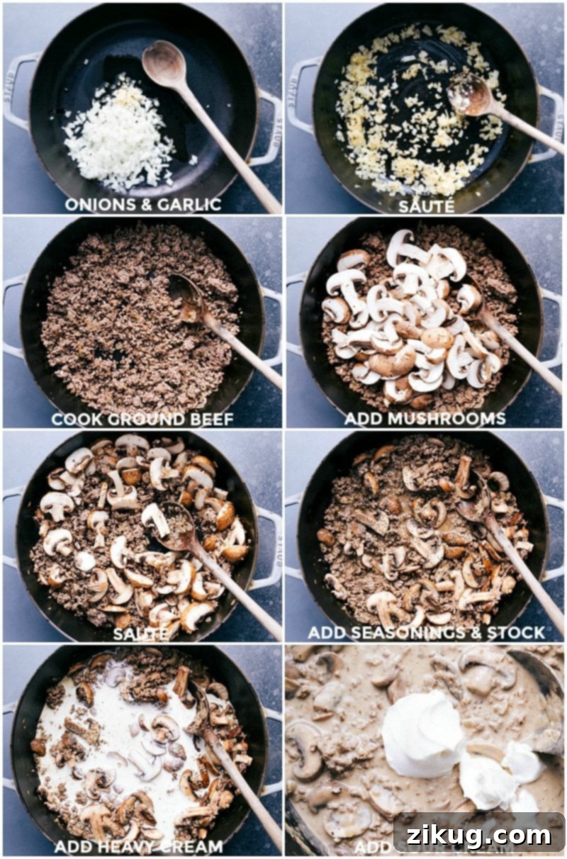 Detailed step-by-step process of making ground beef stroganoff, showing ingredients being cooked in a pan.