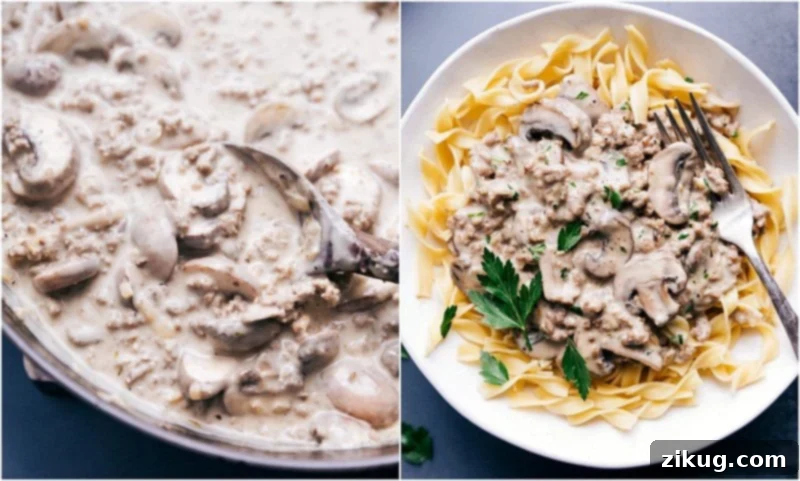 Ground beef stroganoff being cooked in a pan, then served generously over egg noodles, garnished with fresh parsley.
