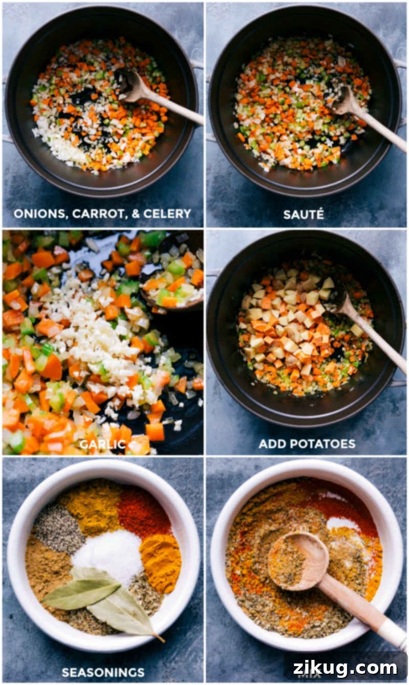 Preparing the Base: Cooking Vegetables and Seasonings for Lentil Soup Recipe The cooking of vegetables and the preparation of seasonings for the lentil soup recipe.