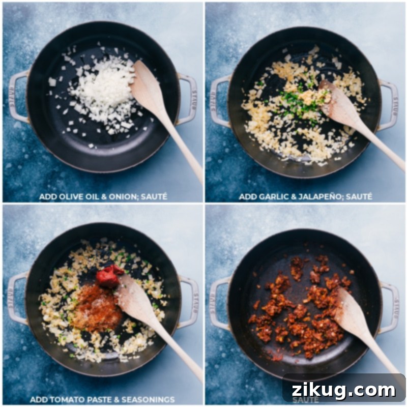 Detailed process images showing the initial sautéing of aromatics and spices, including onion, garlic, jalapeño, tomato paste, chili powder, cumin, and paprika, to build a robust flavor base for this Healthy Chicken Tortilla Soup. This crucial step enhances the depth of flavor before transferring to the slow cooker. Process shots of sautéing onion, garlic, jalapeño, tomato paste, and seasonings for tortilla soup