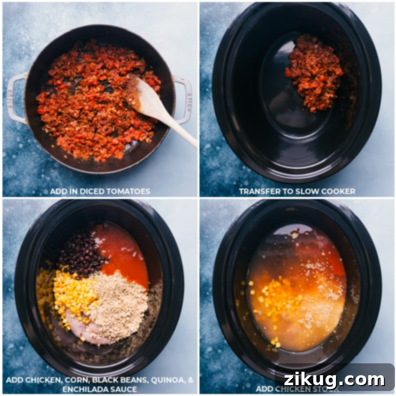 Visual guide showcasing the simple process of making Healthy Chicken Tortilla Soup, with images of cooked diced tomatoes being added and all the other wholesome ingredients coming together in the slow cooker before cooking. Process shots of Healthy Chicken Tortilla Soup showing diced tomatoes and other ingredients being added to the crockpot