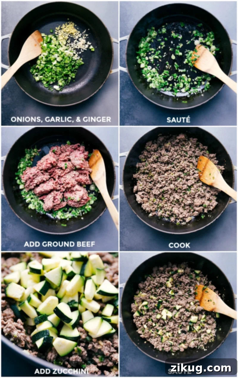 Step-by-Step Guide to Making Quick Beef Larb Preparation sequence for easy Beef Larb: browning onions, garlic, and ginger, cooking ground beef, adding zucchini, and simmering the savory sauce.