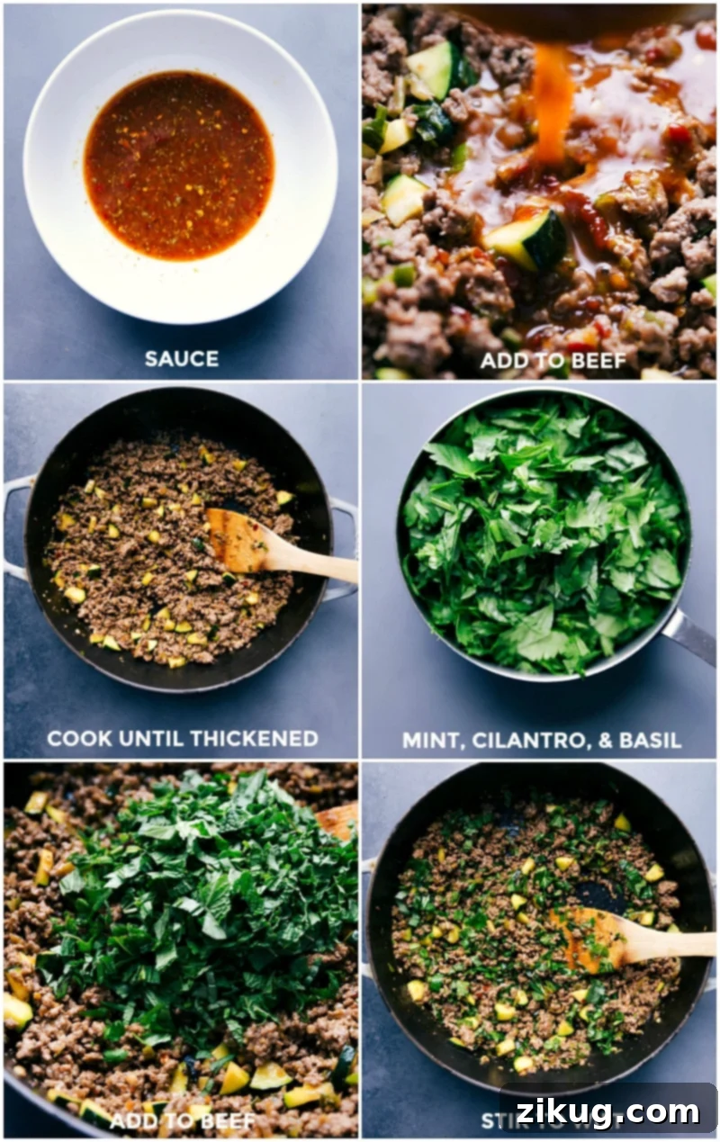 Making Herb-Infused Beef Larb with Savory Sauce: A Step-by-Step Visual Guide Culinary sequence showing sauce preparation, mixing with meat, thickening, adding chopped herbs, and final cooking stage of Thai Beef Larb.
