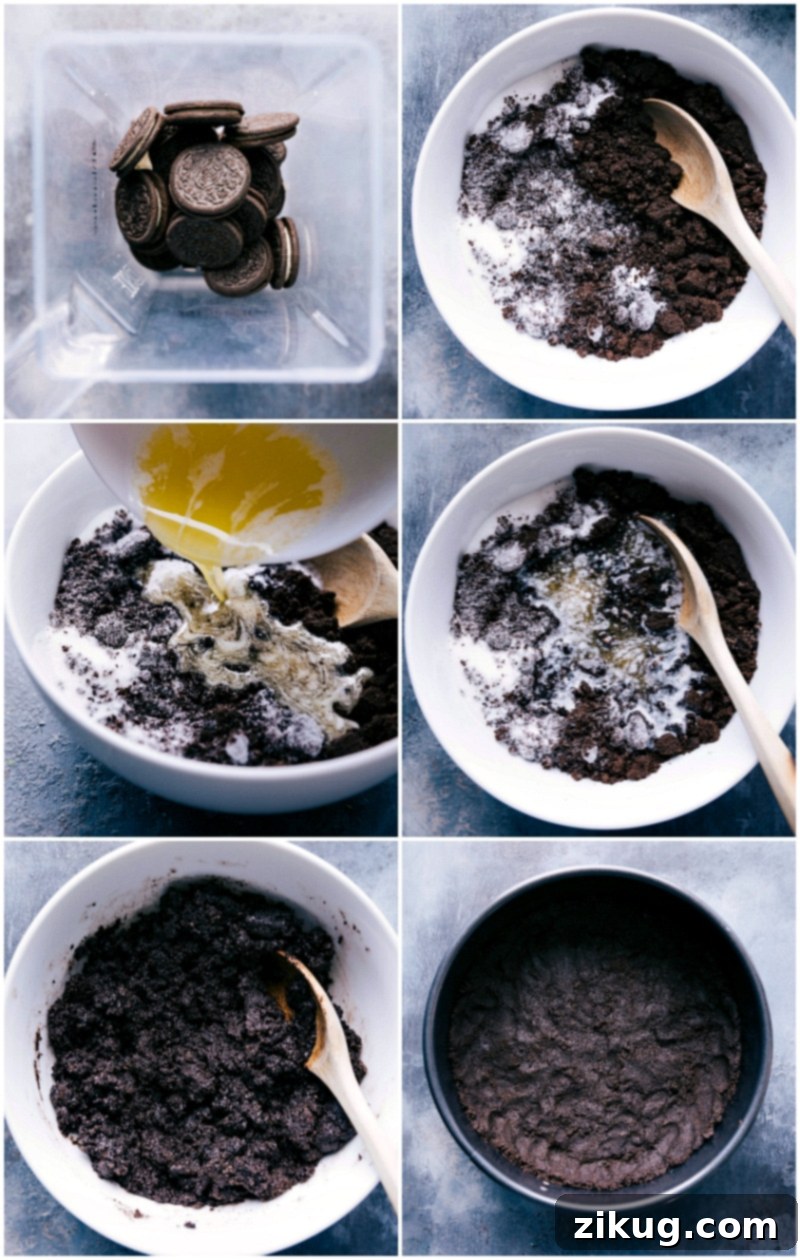 Preparing Oreo Crust for No-Bake Peppermint Cheesecake Crushed Oreo cookies being firmly pressed into the base of a springform pan, creating an even and compact crust for the no-bake peppermint cheesecake.