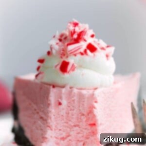 Chilled Peppermint Dream Cheesecake 2 Slice of no-bake peppermint cheesecake with a bite missing, showcasing its creamy texture and peppermint layers.