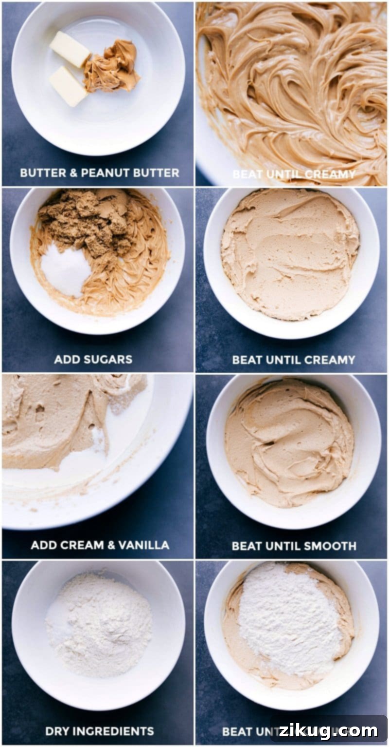 Step-by-Step Preparation of Delicious Edible Peanut Butter Cookie Dough A visual guide to making peanut butter cookie dough, showing stages of creaming butter and peanut butter, adding sugars, and combining with dry ingredients in various bowls.