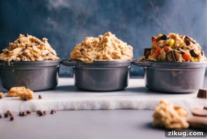 Explore a Trio of Delicious Edible Cookie Dough Variations Three distinct bowls of edible cookie dough showcasing different flavors: classic chocolate chip, a decadent s'mores version, and a rich peanut butter cup variety, all beautifully arranged for tasting.