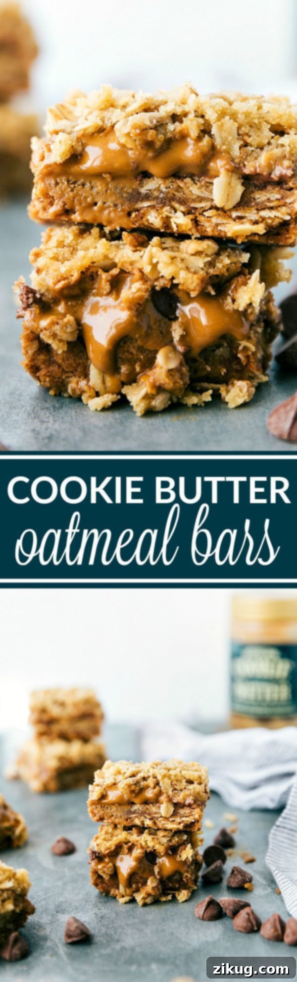 Irresistible Cookie Butter Bars 2 Simple-to-make oatmeal bars with a gooey cookie butter (biscoff) and milk chocolate chip center. These cookie butter oatmeal bars are sure to be a huge hit! These bars are like the famous Carmelitas, but with COOKIE BUTTER instead! via chelseasmessyapron.com
