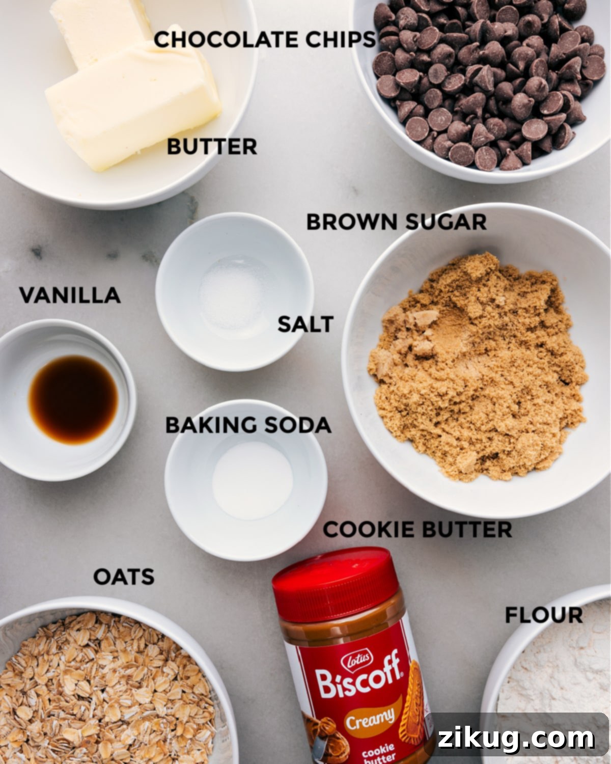 Ingredients In Cookie Butter Bars Ingredients used in this recipe prepped out for easy assembly.