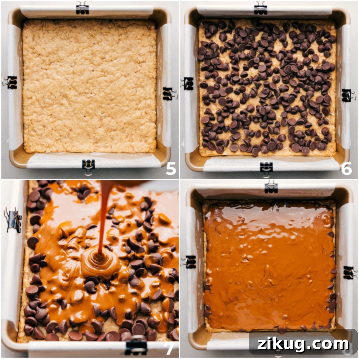 Easy And Delicious Cookie Butter Bars The chocolate chips and cookie butter being poured on top of the oatmeal cookie base.