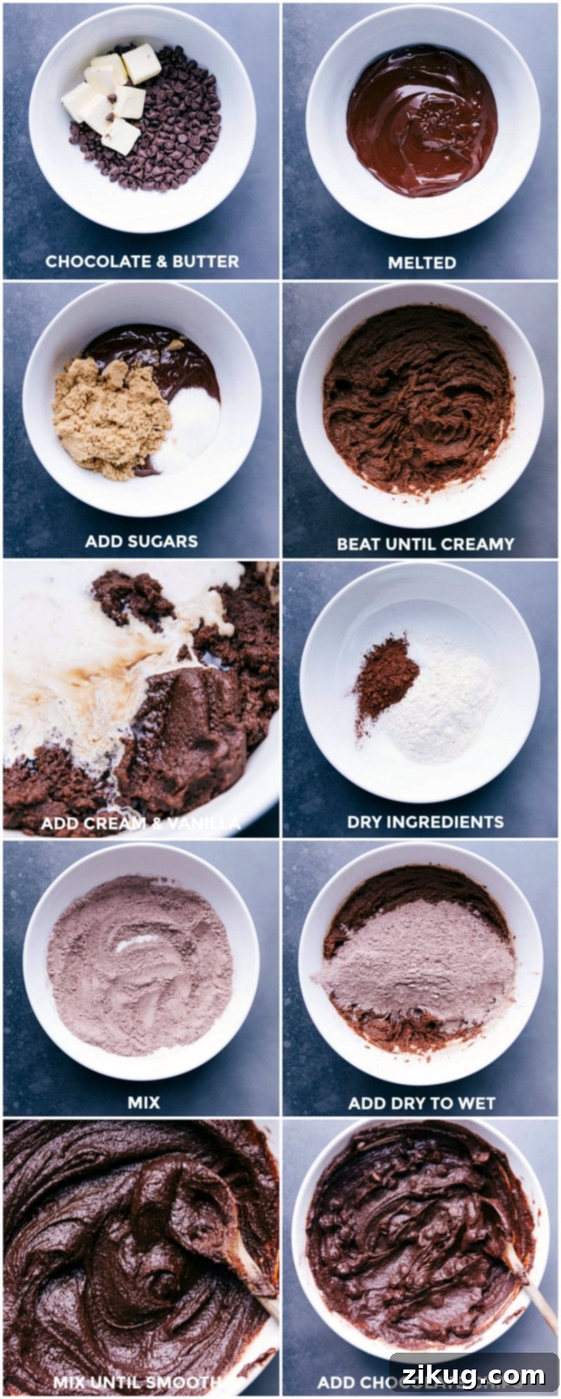 The process of preparing edible brownie batter, showing wet and dry ingredients separately, then combined to form a cohesive, rich batter.