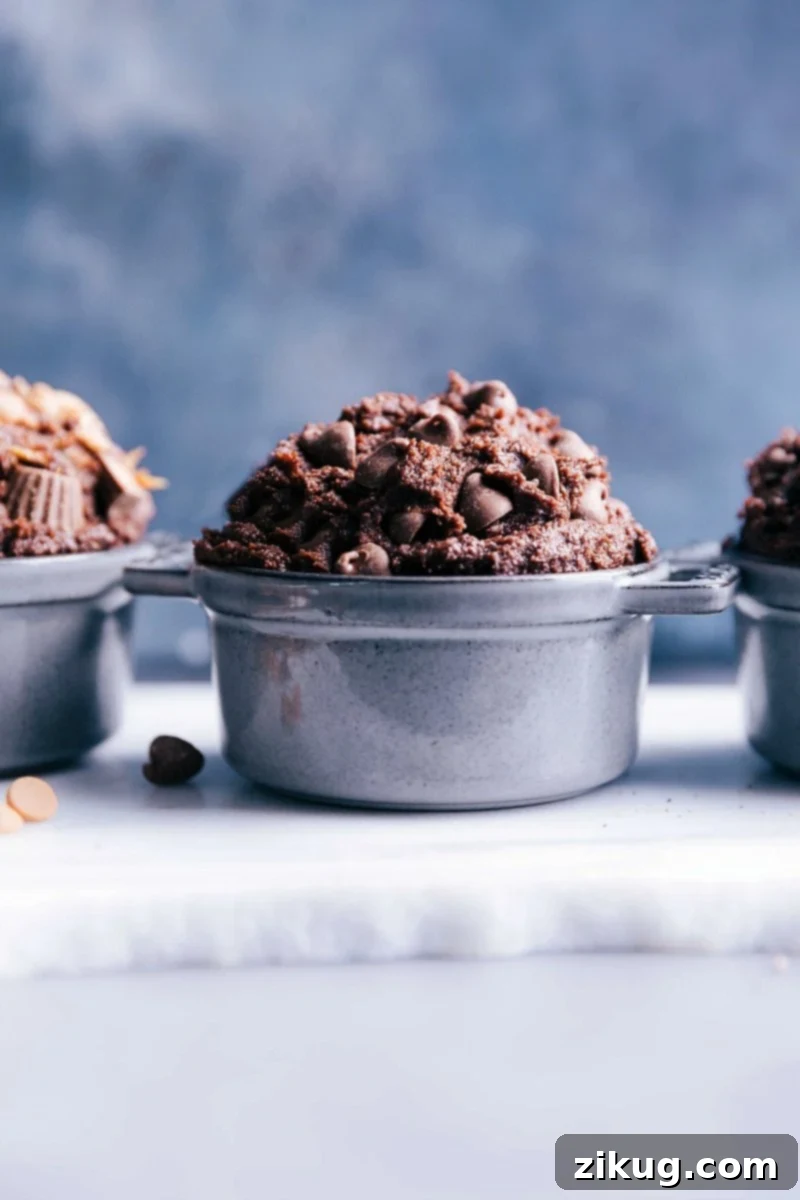 An overflowing bowl of rich, edible brownie batter, generously studded with chocolate chips, inviting a spoonful.