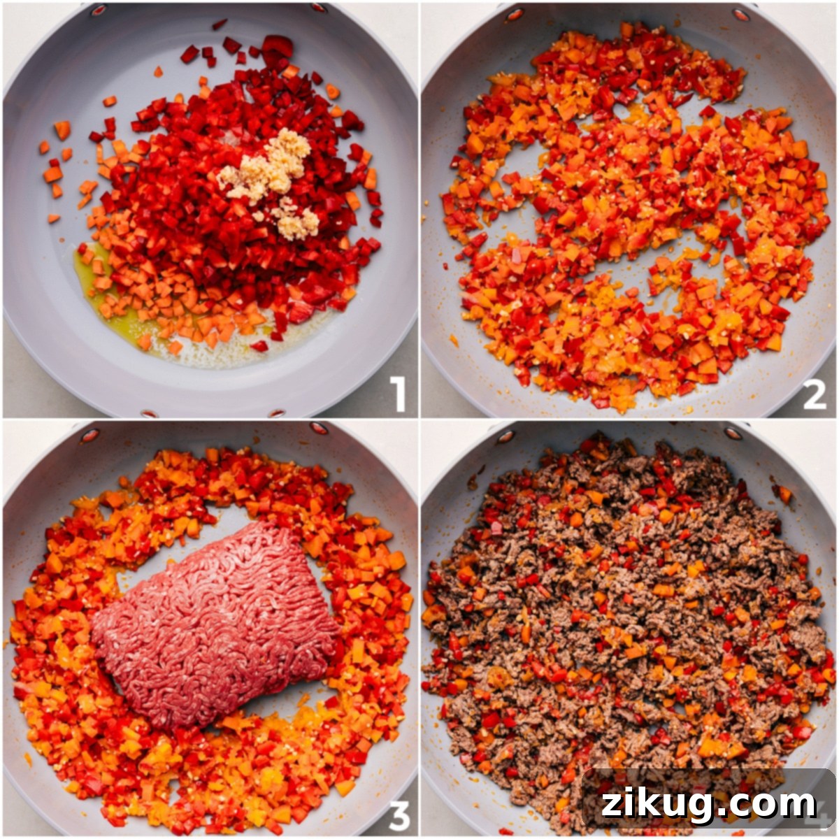 Sloppy Joes Mix Bubbling in Skillet, Ready to Serve First, the diced vegetables are gently sautéing in a large skillet, followed by the browning ground beef, which is then combined with the softened vegetables to create the base for this delicious sloppy joes recipe.