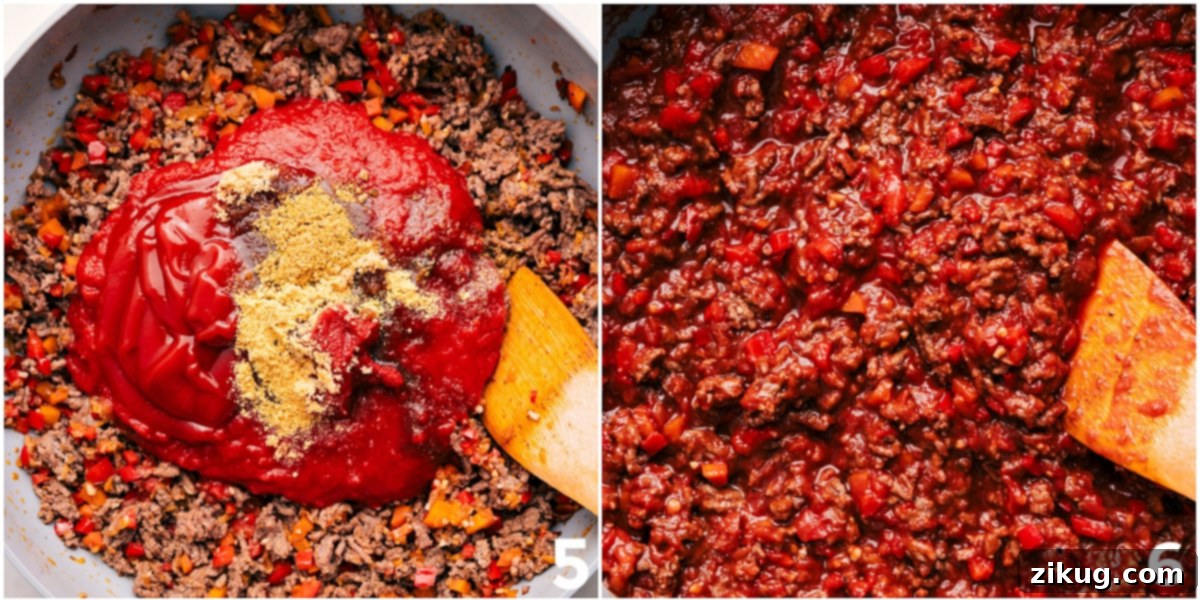 How To Make Sloppy Joes Recipe The process of making Sloppy Joes: all the sauce ingredients are combined with the browned beef and sautéed vegetables, then everything is cooked together to simmer and thicken into a delicious, cohesive mixture.