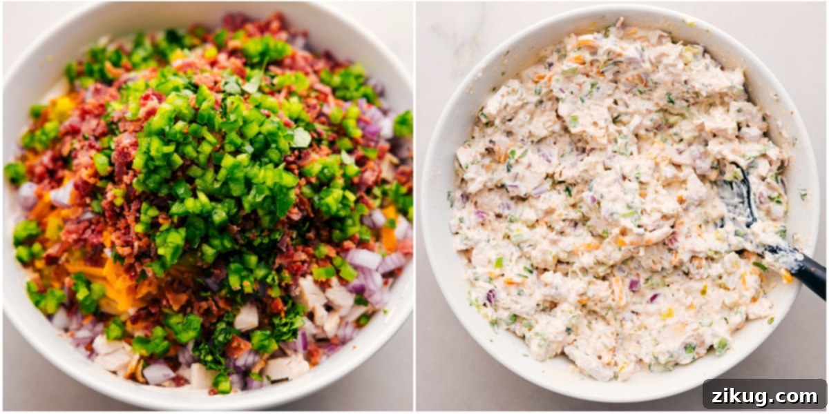 How To Make Jalapeño Popper Chicken Salad All the delicious ingredients are assembled in a large bowl and tossed with the creamy dressing to create a flavorful Jalapeño Popper Chicken Salad.