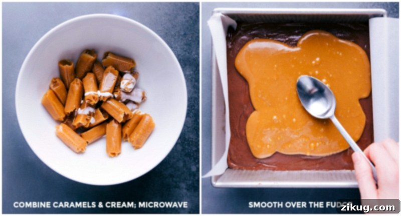 Easy Microwave Caramel Fudge Smooth, melted caramel sauce being poured evenly over the set chocolate fudge layer in a pan.