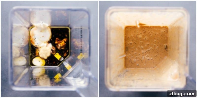 Creamy Balsamic Dressing Before and After Blending in Blender Creamy balsamic dressing recipe shown before and after blending, highlighting its transformation.