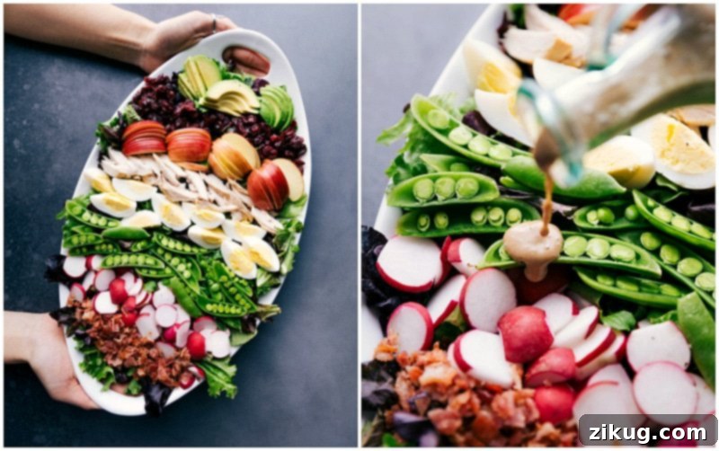 Presenting the Cobb Salad Platter and Pouring Creamy Balsamic Dressing A platter of cobb salad, being generously dressed.