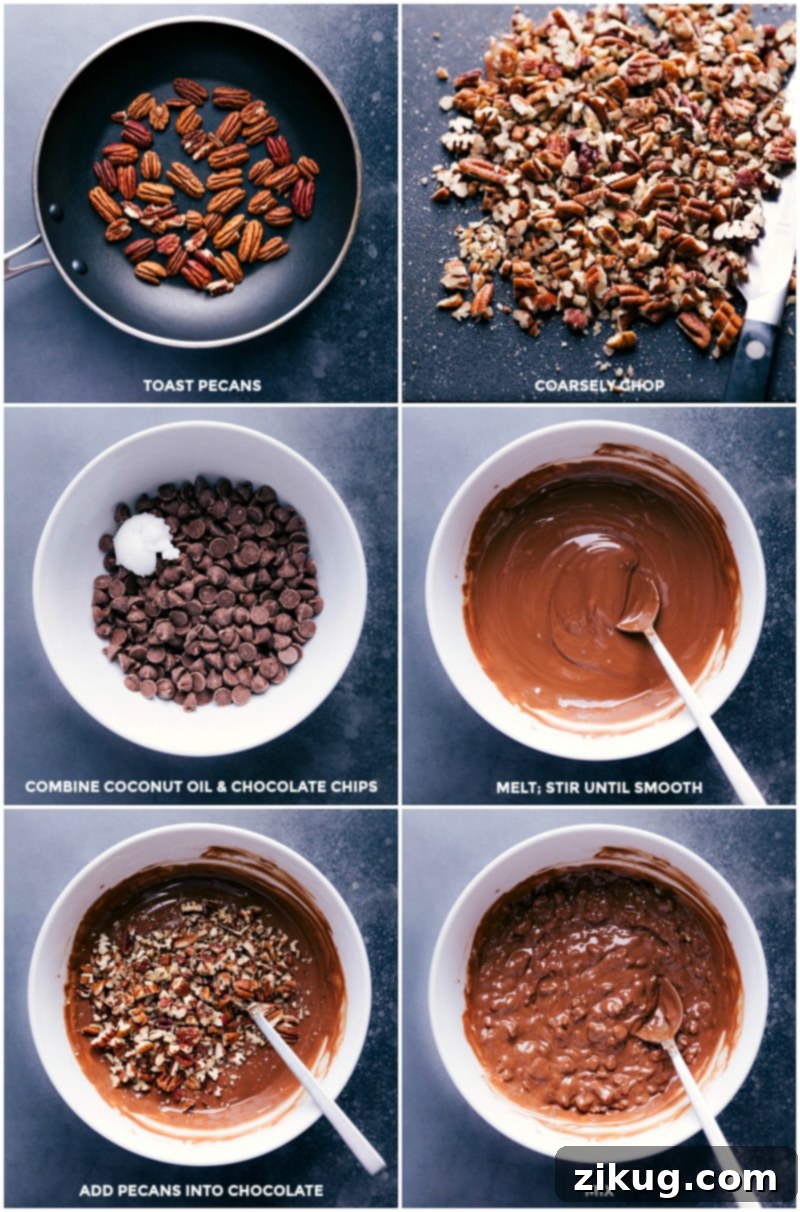 Process shots showing how to make Turtle Bark: toasting pecans, melting chocolate with coconut oil, and mixing in chopped pecans for the base layer.